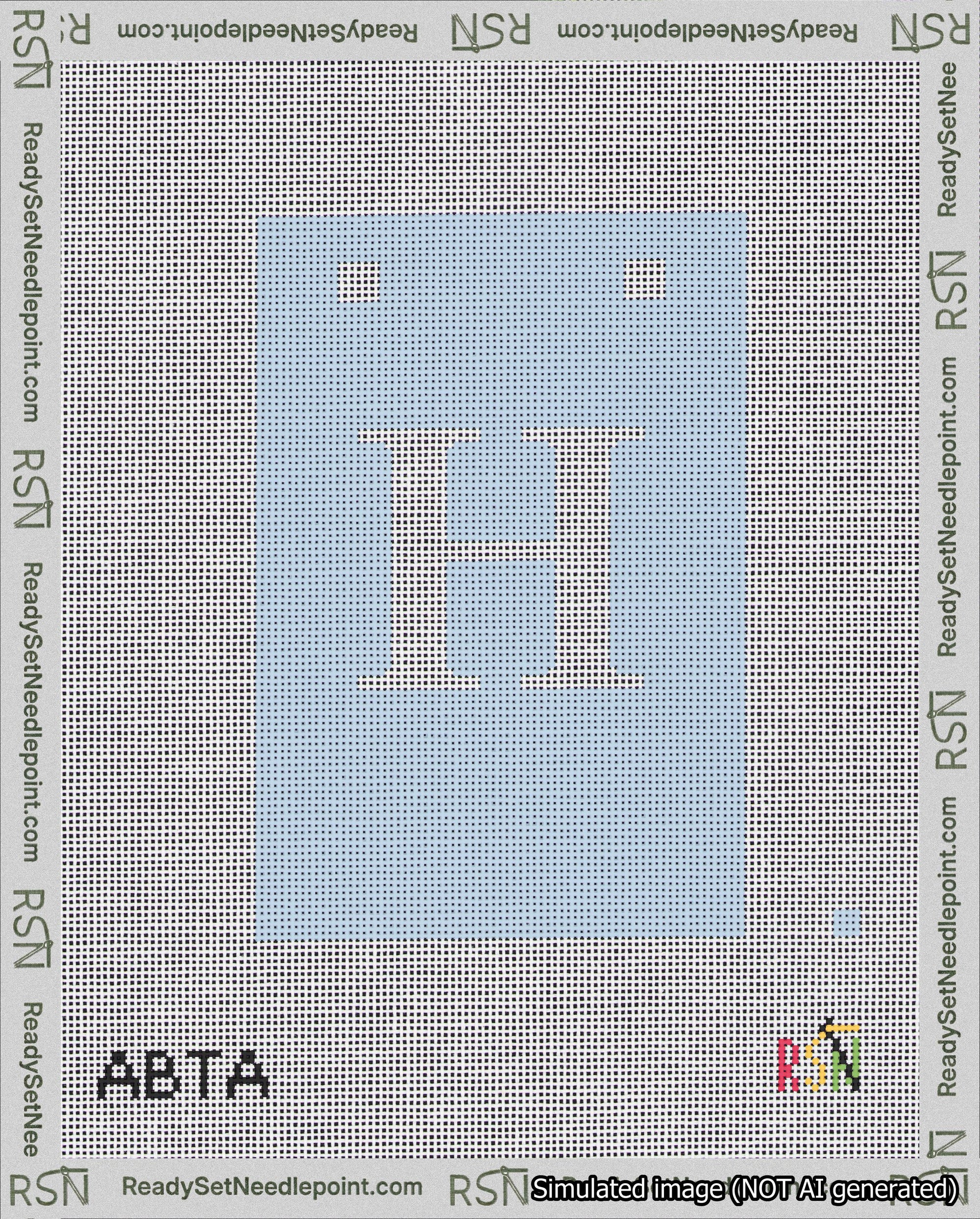 A taped needlepoint canvas with the design: Banner 18 mesh count Squared H White on Light Blue.