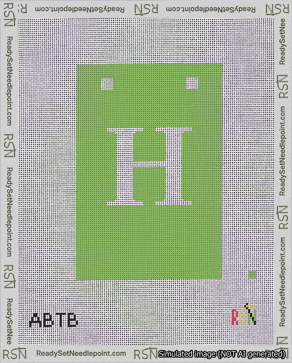A taped needlepoint canvas with the design: Banner 18 mesh count Squared H White on Light Green.