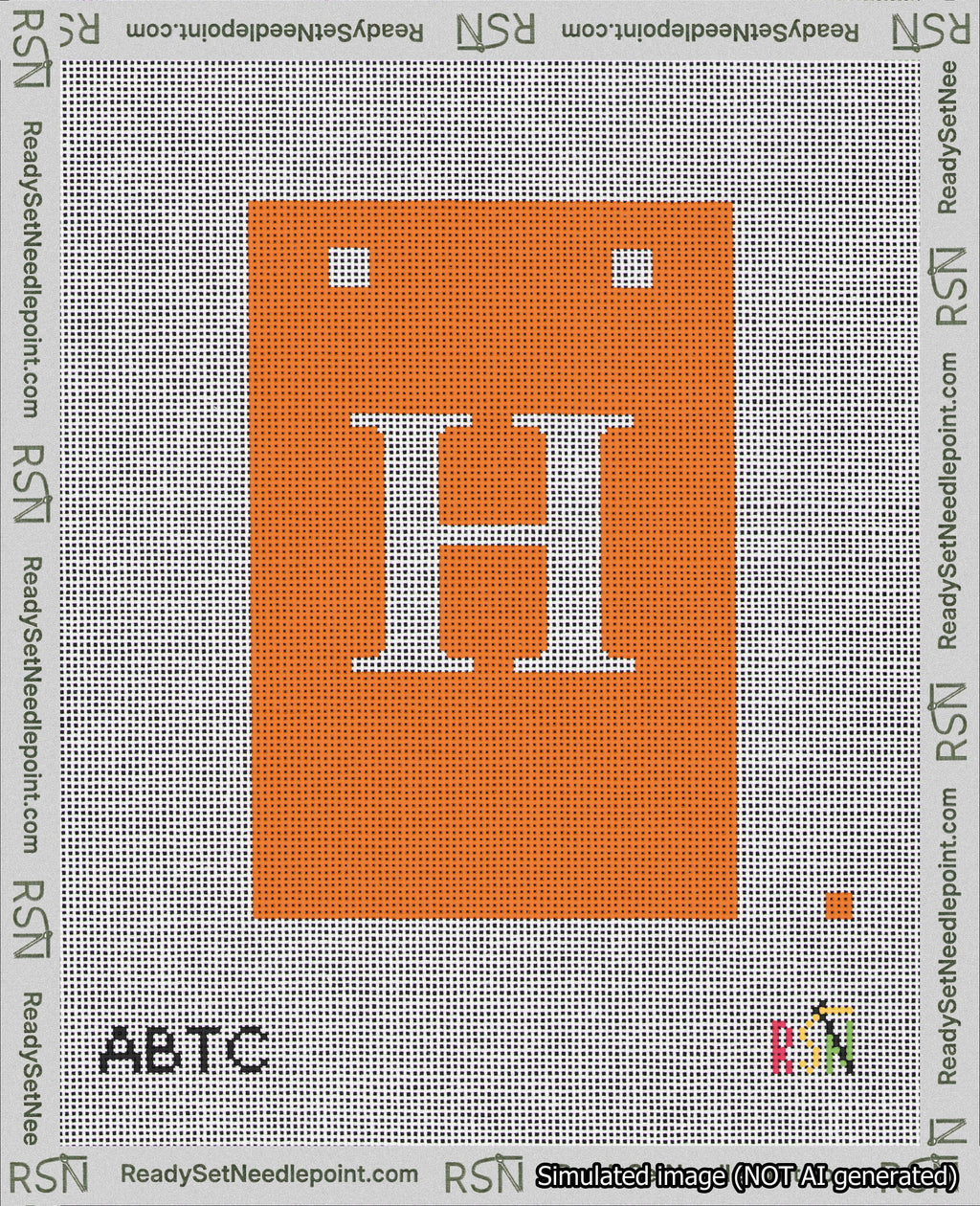 A taped needlepoint canvas with the design: Banner 18 mesh count Squared H White on Orange.