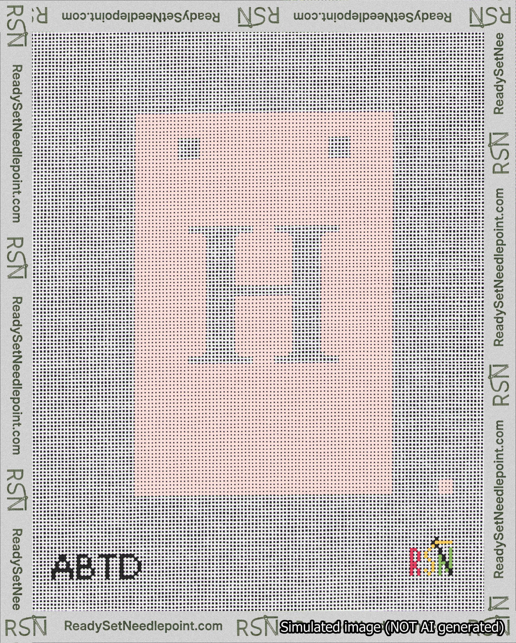 A taped needlepoint canvas with the design: Banner 18 mesh count Squared H White on Pink.