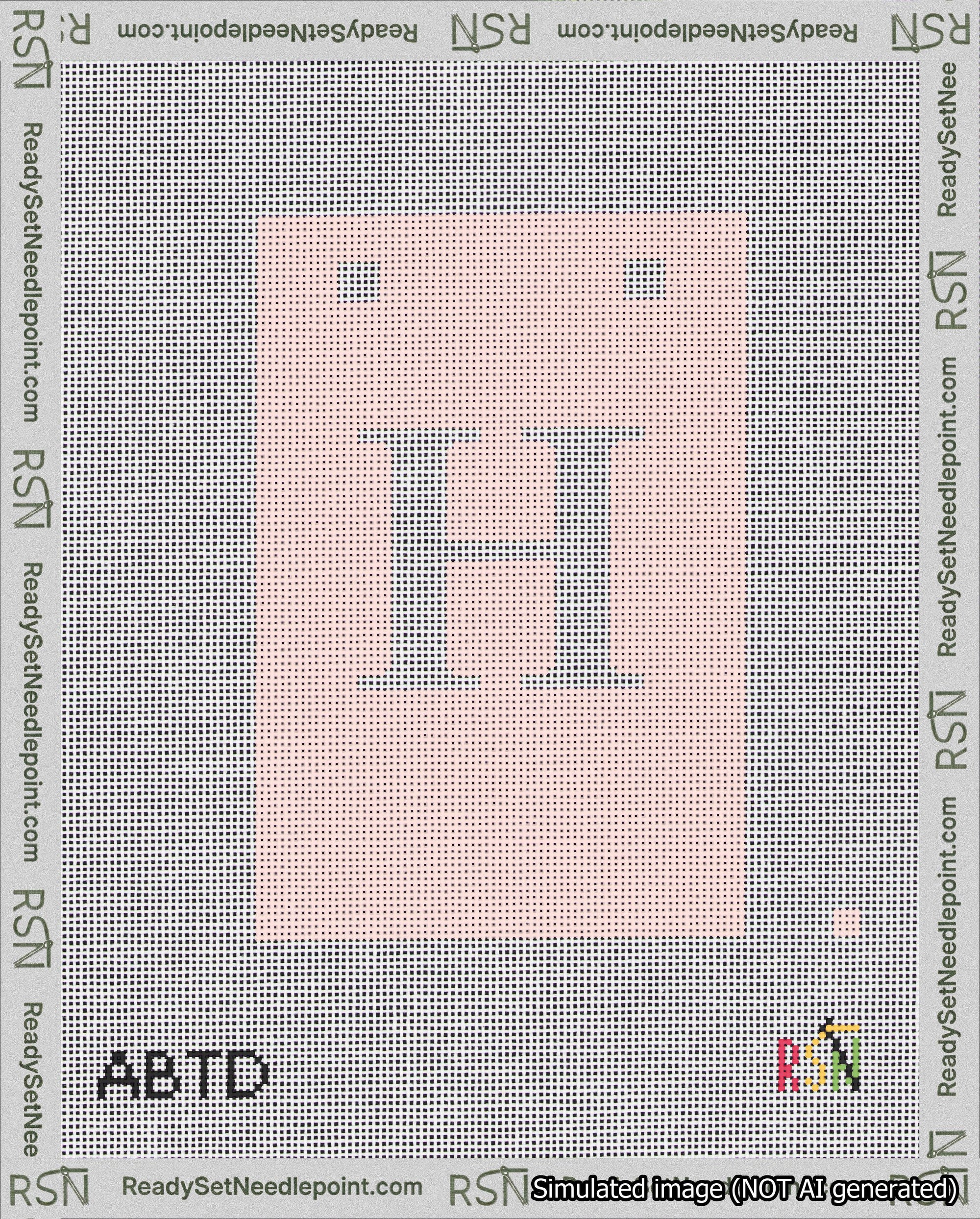 A taped needlepoint canvas with the design: Banner 18 mesh count Squared H White on Pink.