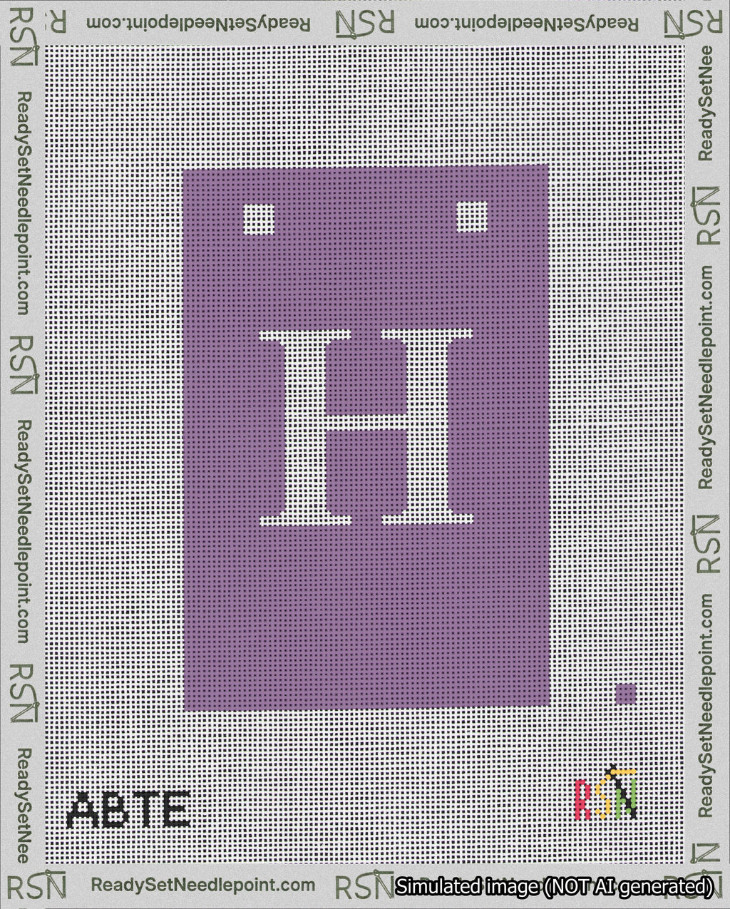 A taped needlepoint canvas with the design: Banner 18 mesh count Squared H White on Purple.