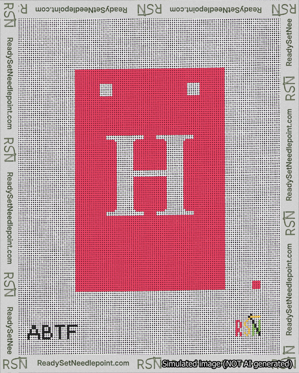 A taped needlepoint canvas with the design: Banner 18 mesh count Squared H White on Red.
