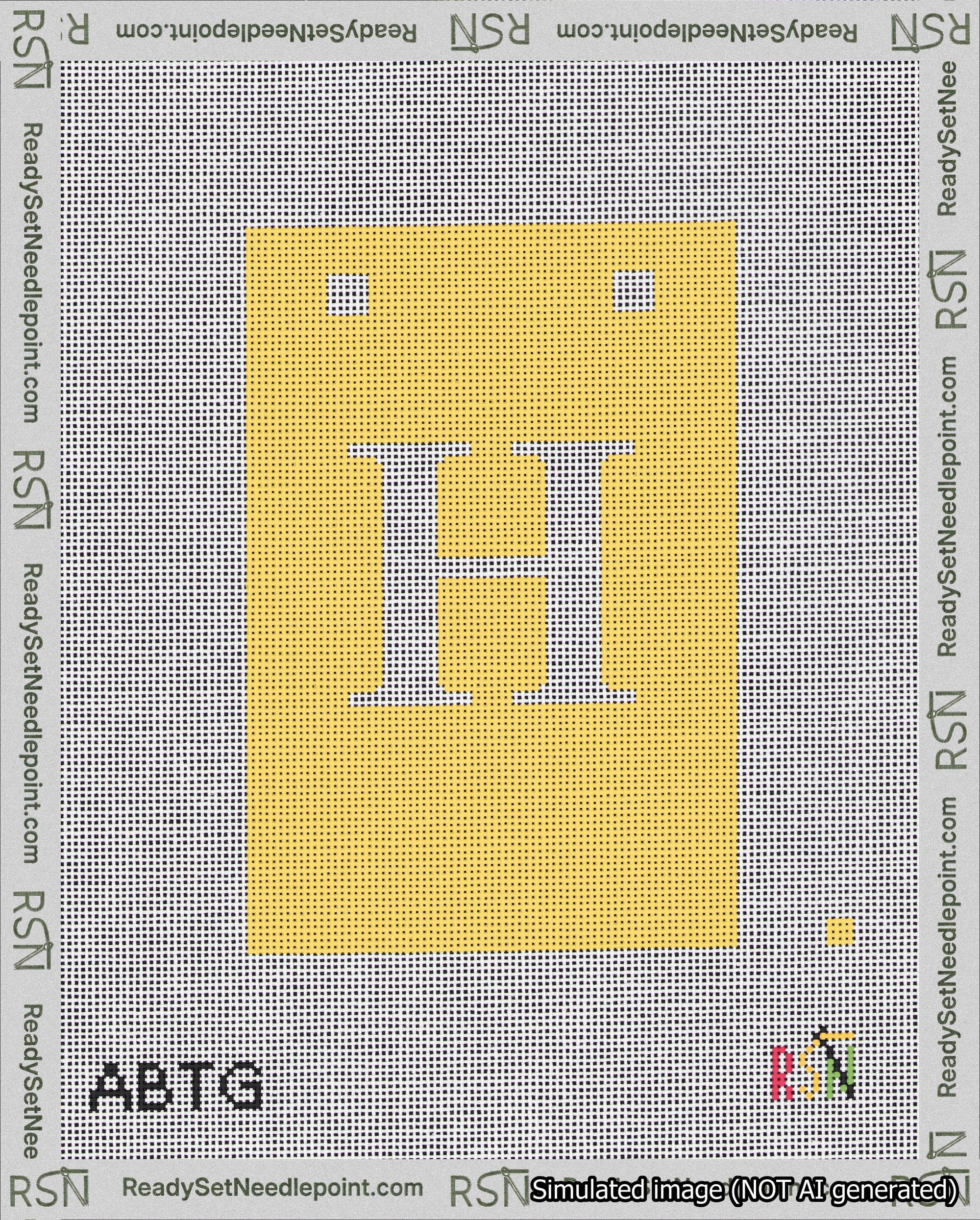 A taped needlepoint canvas with the design: Banner 18 mesh count Squared H White on Yellow.