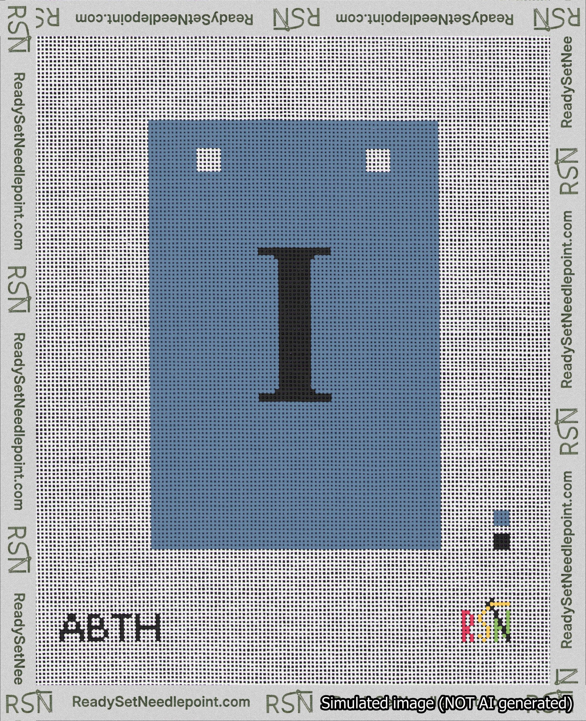A taped needlepoint canvas with the design: Banner 18 mesh count Squared I Black on Blue.