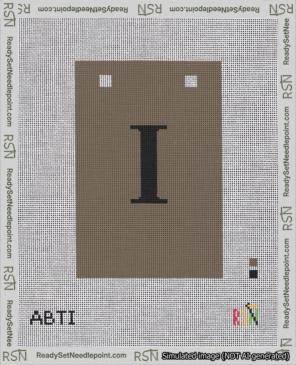 A taped needlepoint canvas with the design: Banner 18 mesh count Squared I Black on Brown.