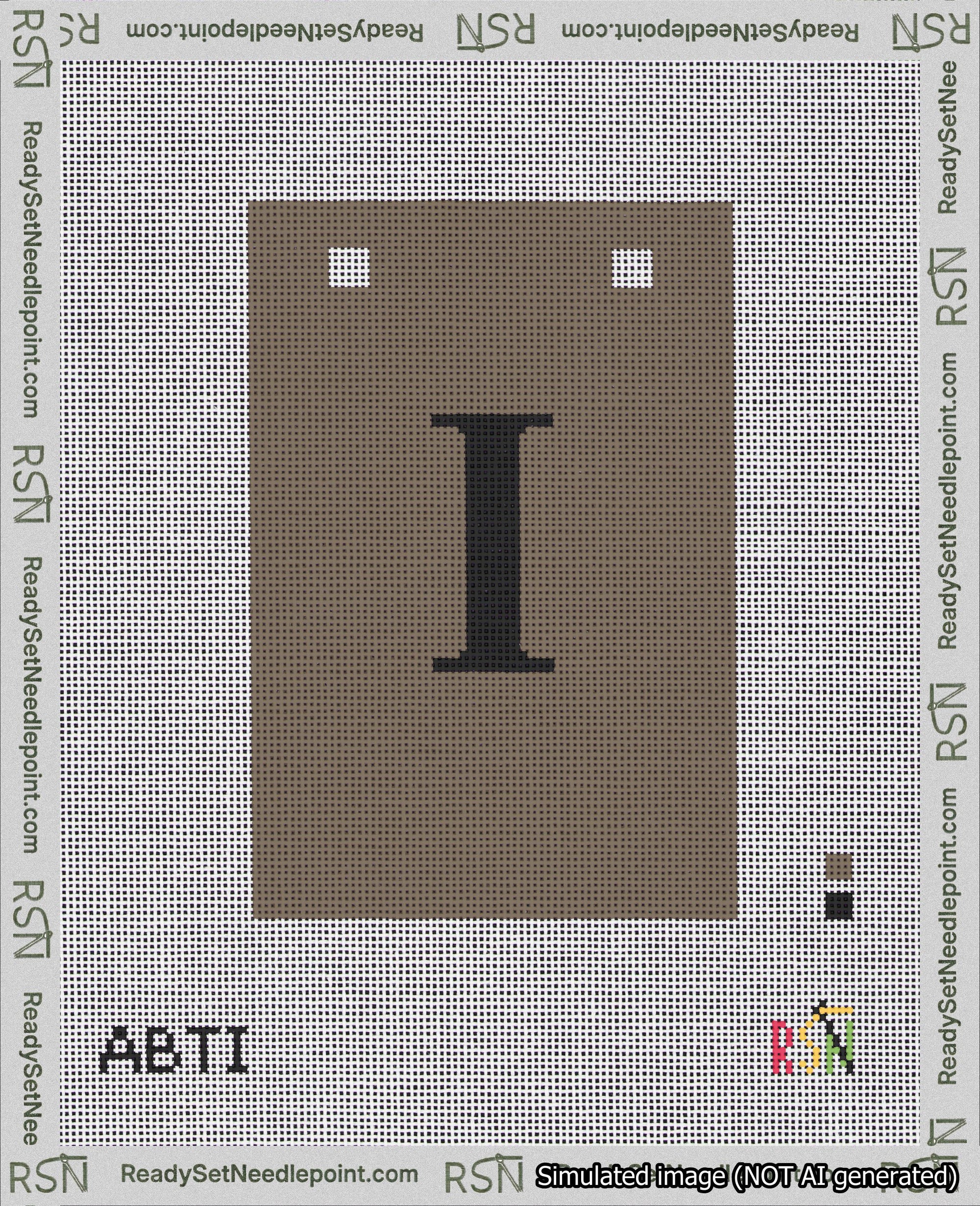 A taped needlepoint canvas with the design: Banner 18 mesh count Squared I Black on Brown.