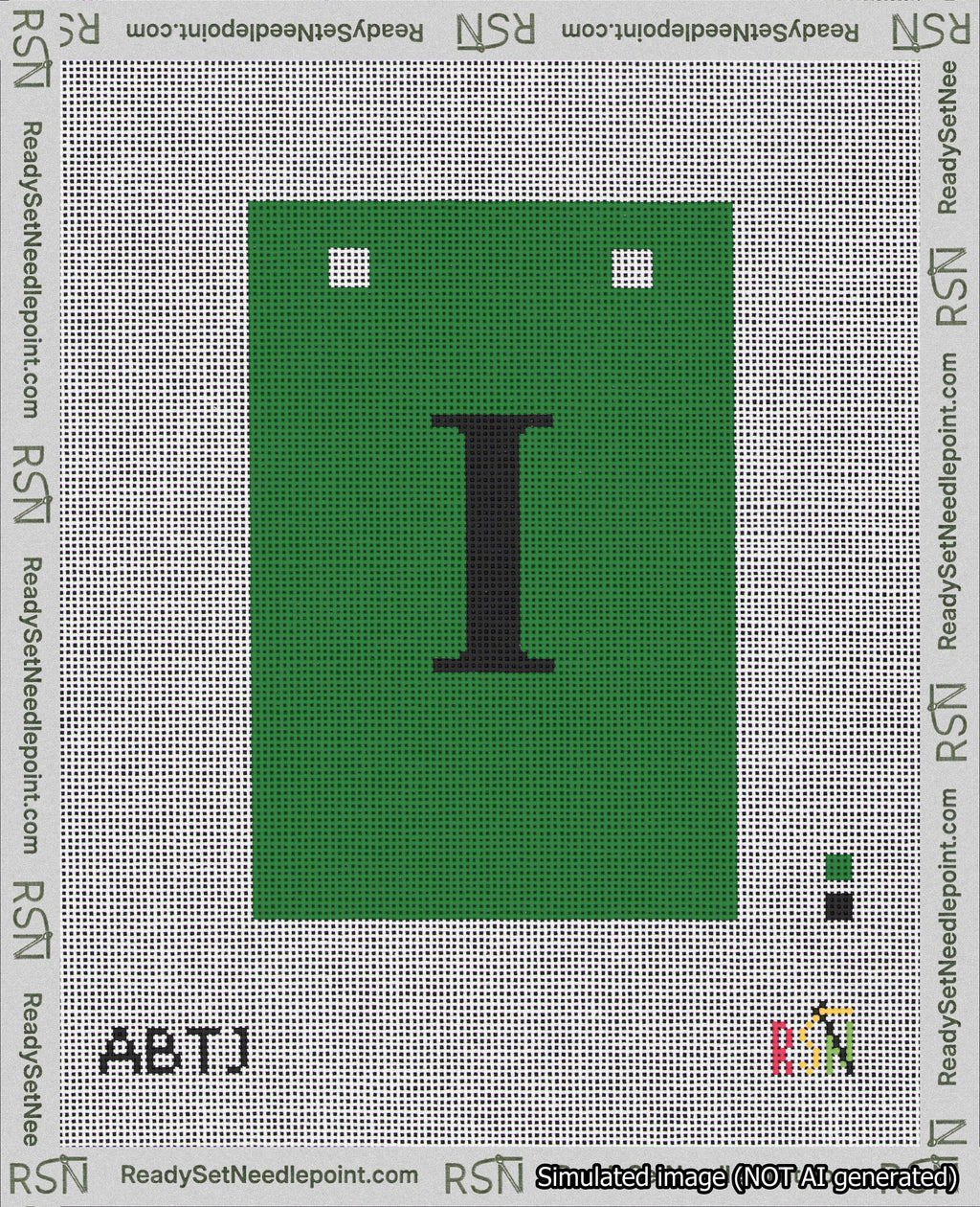 A taped needlepoint canvas with the design: Banner 18 mesh count Squared I Black on Green.