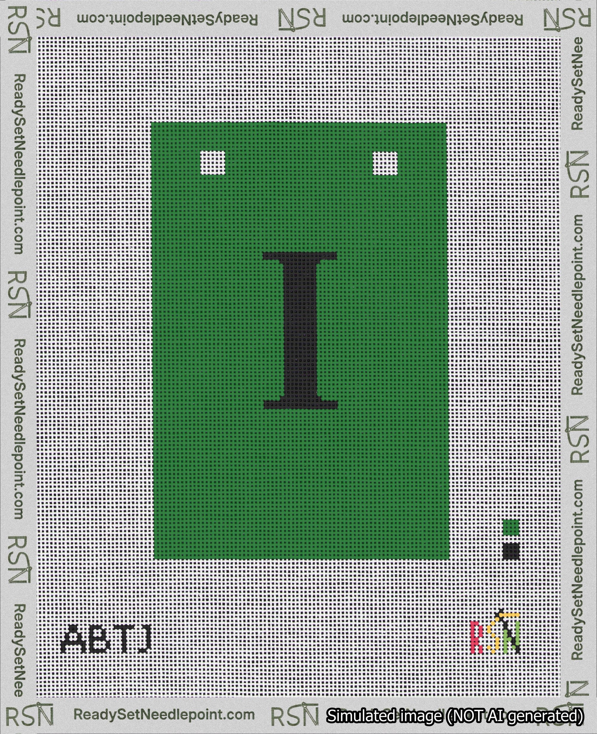 A taped needlepoint canvas with the design: Banner 18 mesh count Squared I Black on Green.