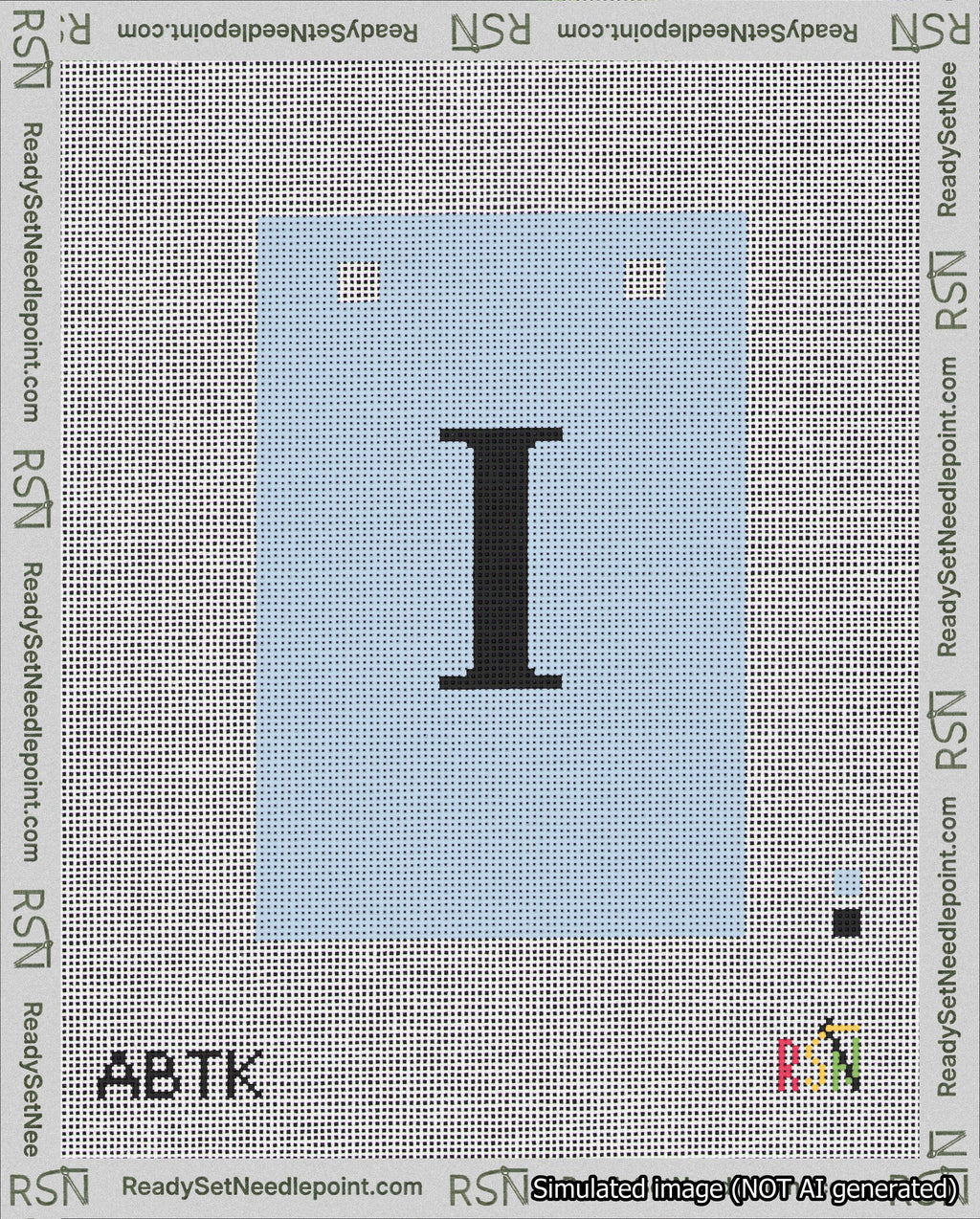 A taped needlepoint canvas with the design: Banner 18 mesh count Squared I Black on Light Blue.