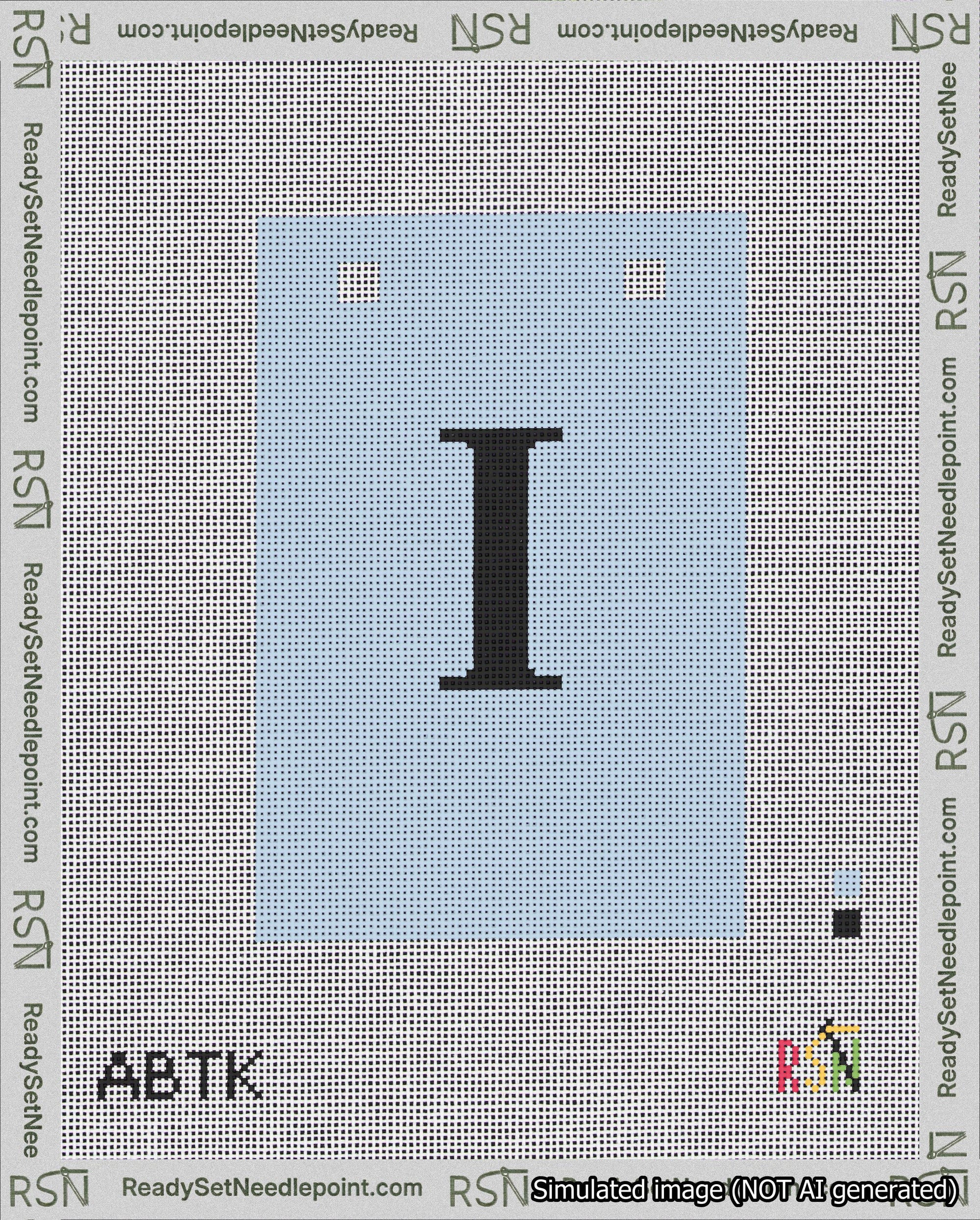 A taped needlepoint canvas with the design: Banner 18 mesh count Squared I Black on Light Blue.