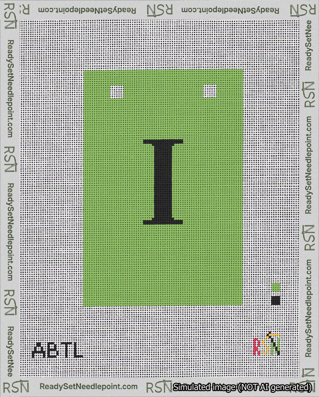 A taped needlepoint canvas with the design: Banner 18 mesh count Squared I Black on Light Green.