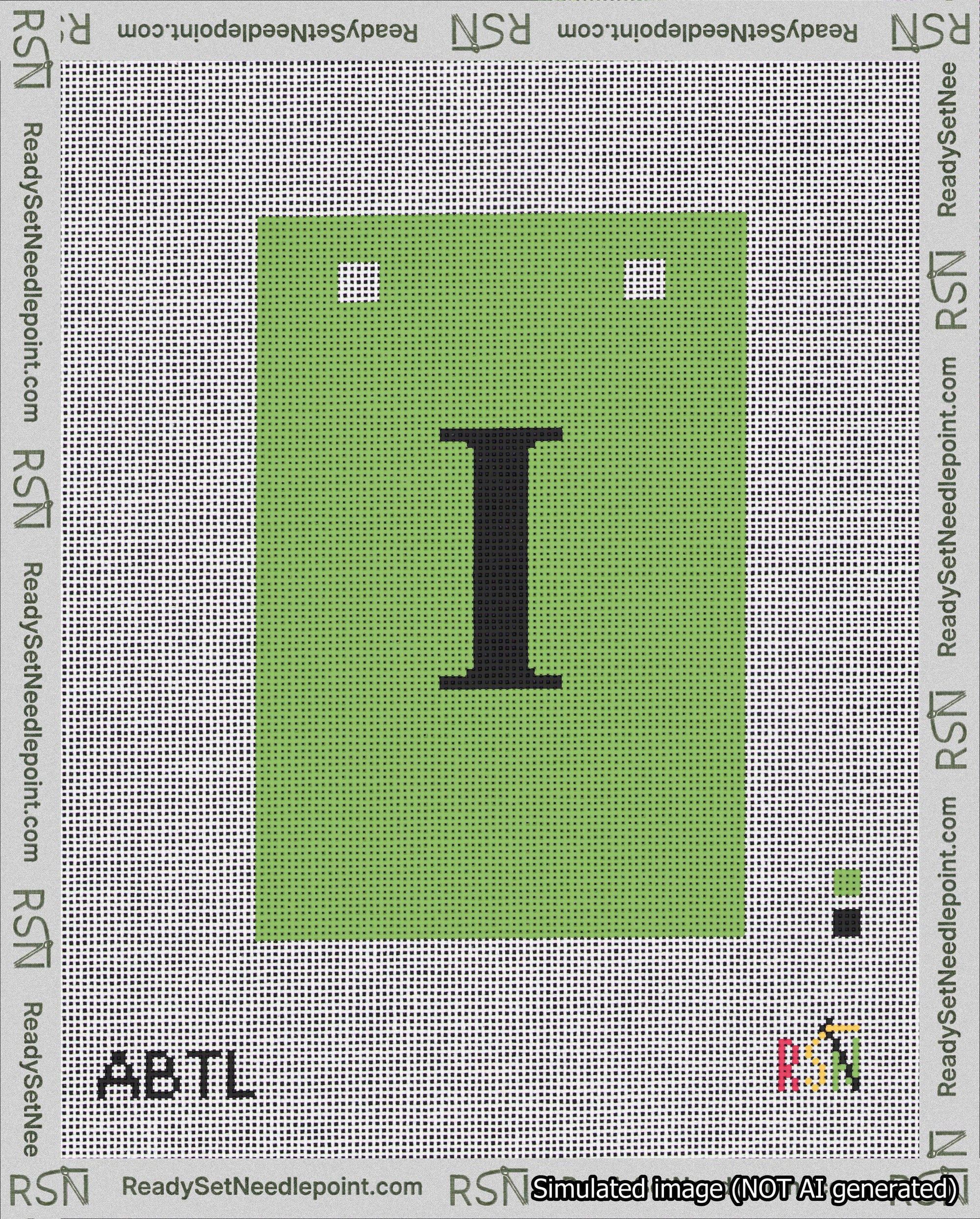 A taped needlepoint canvas with the design: Banner 18 mesh count Squared I Black on Light Green.
