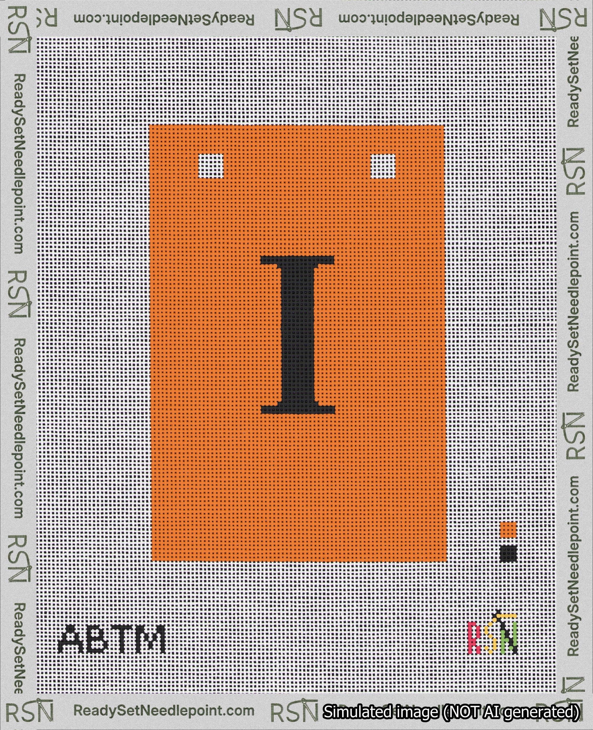 A taped needlepoint canvas with the design: Banner 18 mesh count Squared I Black on Orange.
