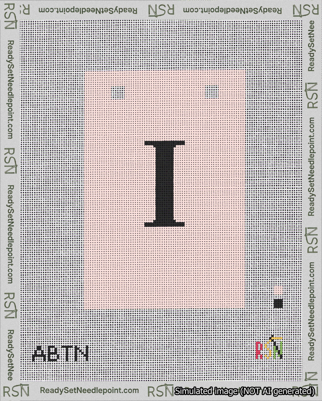 A taped needlepoint canvas with the design: Banner 18 mesh count Squared I Black on Pink.
