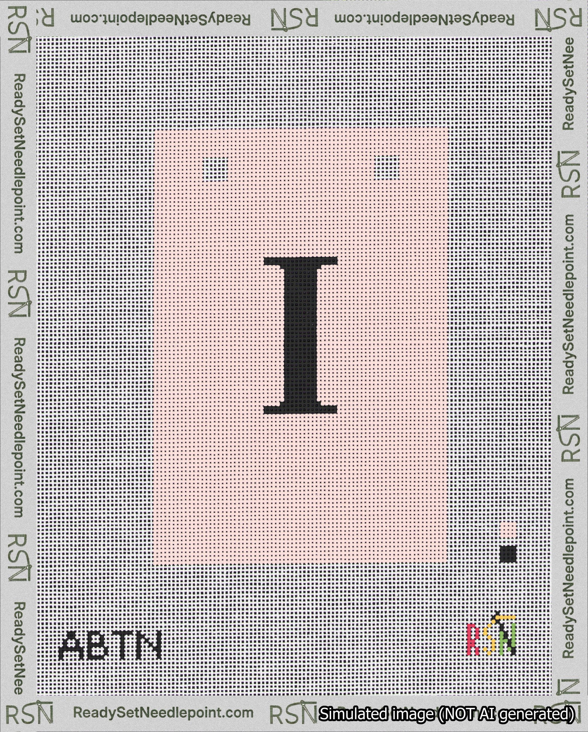 A taped needlepoint canvas with the design: Banner 18 mesh count Squared I Black on Pink.