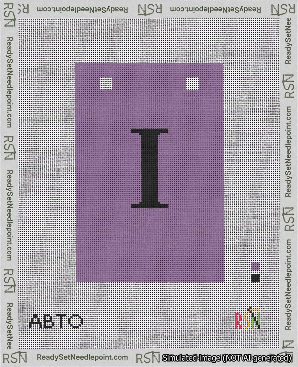 A taped needlepoint canvas with the design: Banner 18 mesh count Squared I Black on Purple.