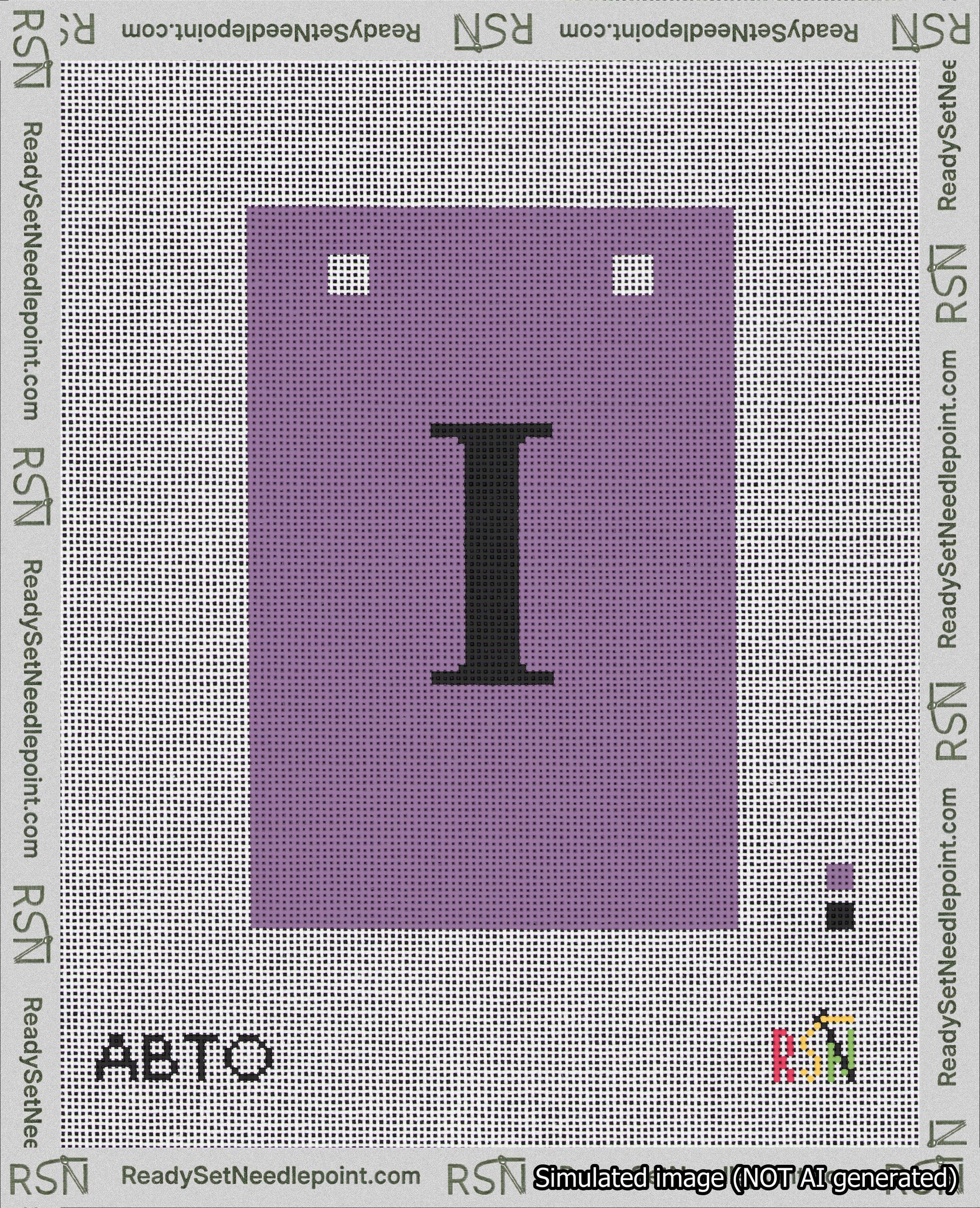 A taped needlepoint canvas with the design: Banner 18 mesh count Squared I Black on Purple.