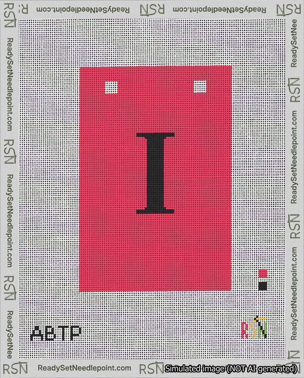 A taped needlepoint canvas with the design: Banner 18 mesh count Squared I Black on Red.