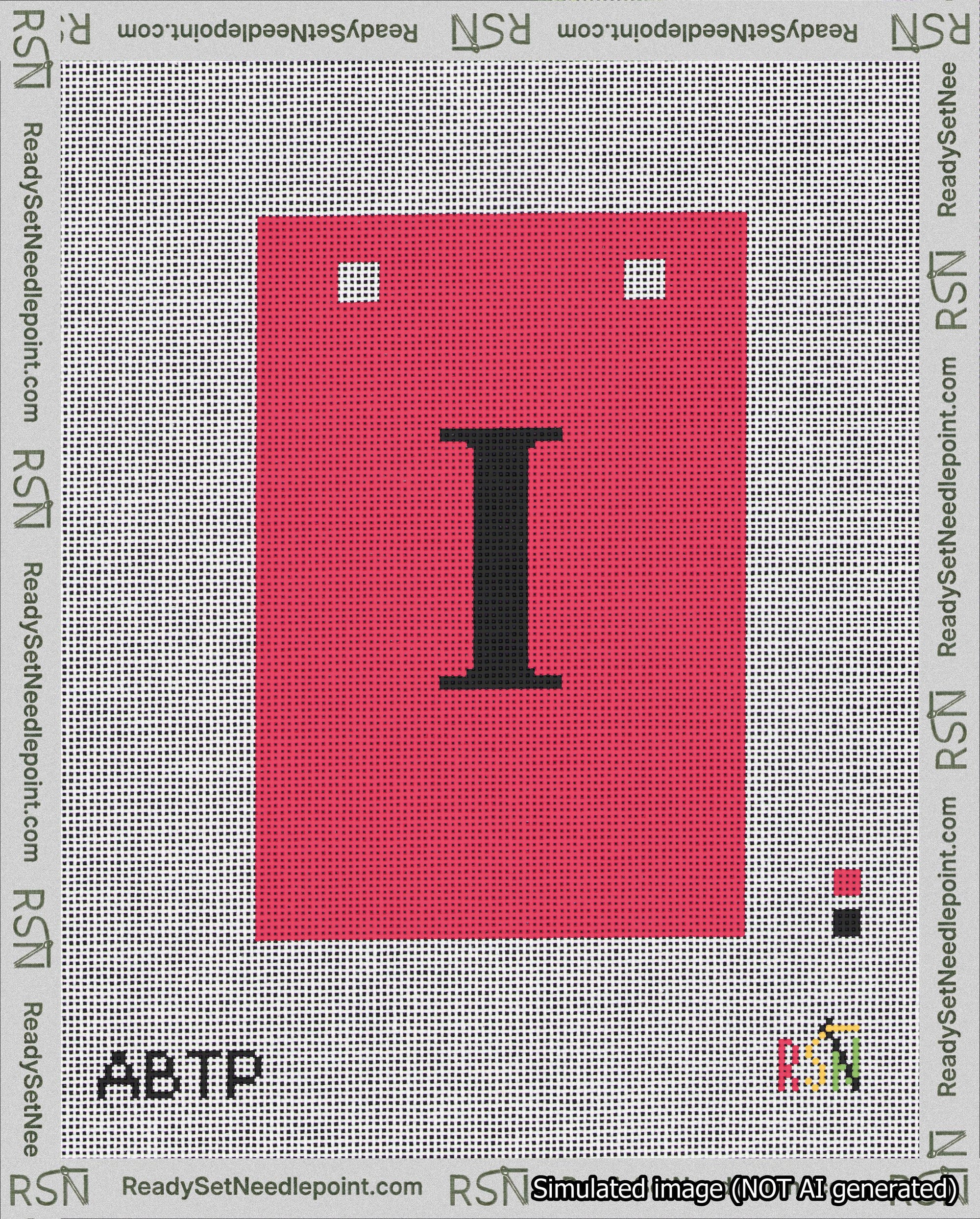 A taped needlepoint canvas with the design: Banner 18 mesh count Squared I Black on Red.