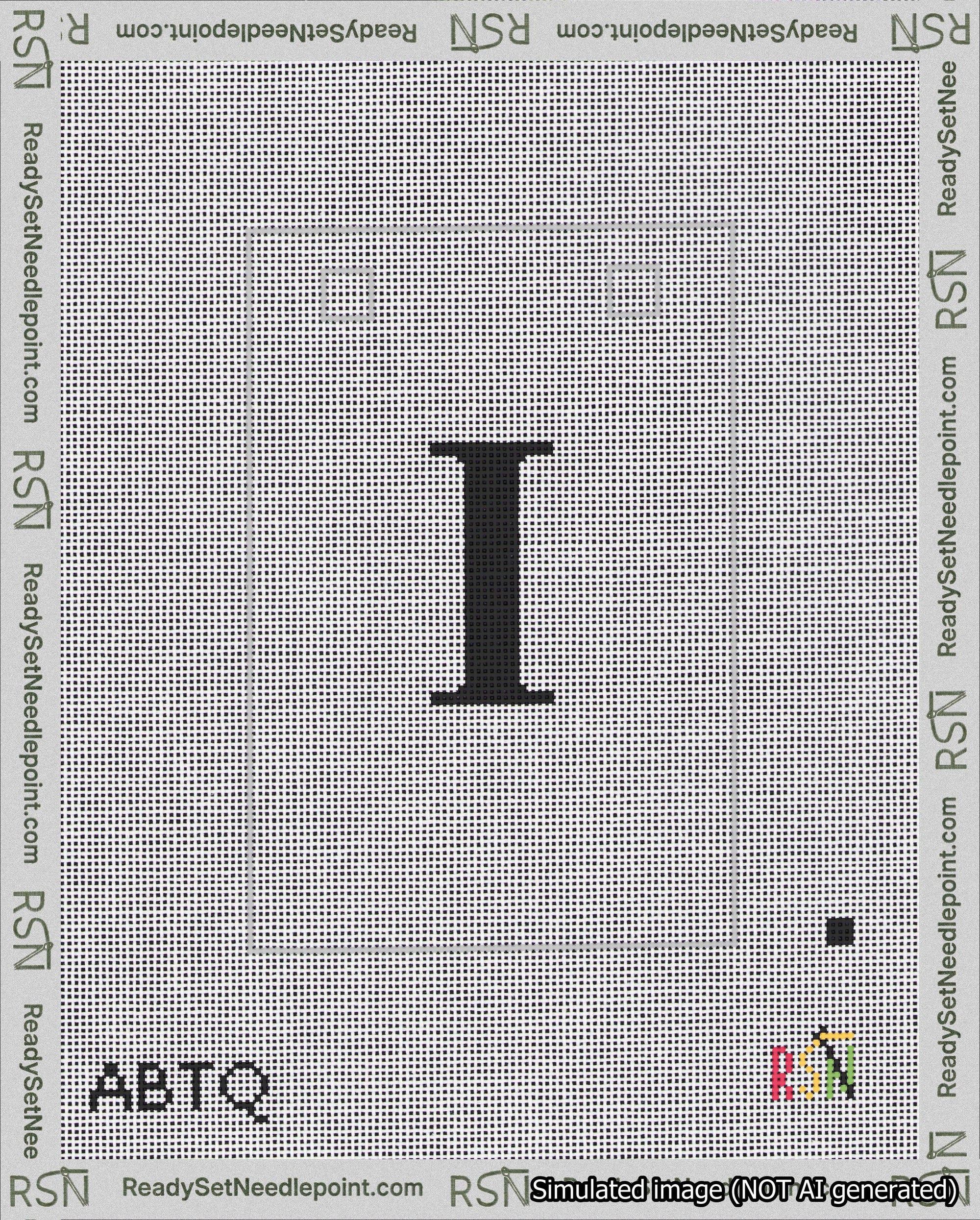 A taped needlepoint canvas with the design: Banner 18 mesh count Squared I Black on White.