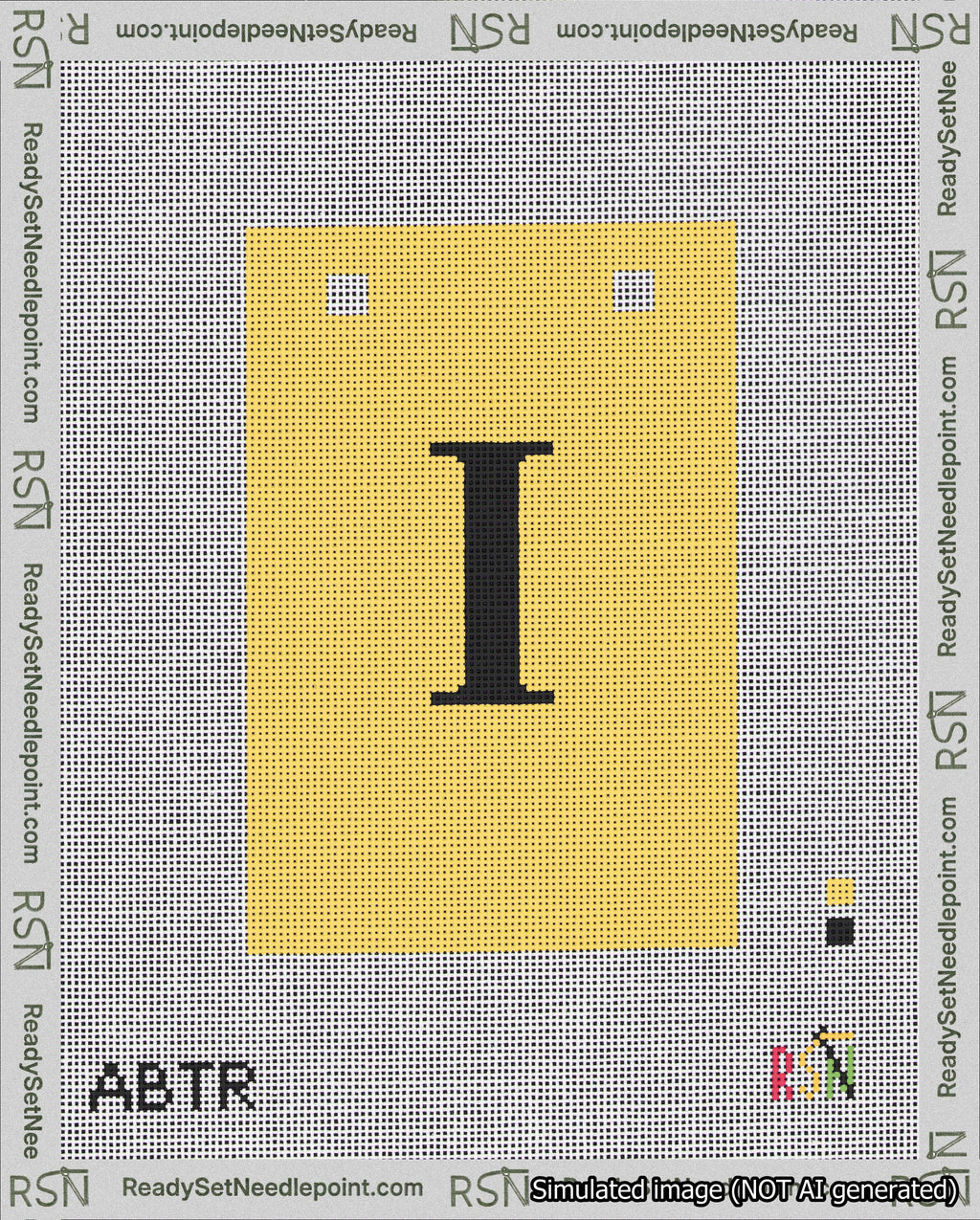 A taped needlepoint canvas with the design: Banner 18 mesh count Squared I Black on Yellow.