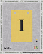 A taped needlepoint canvas with the design: Banner 18 mesh count Squared I Black on Yellow.