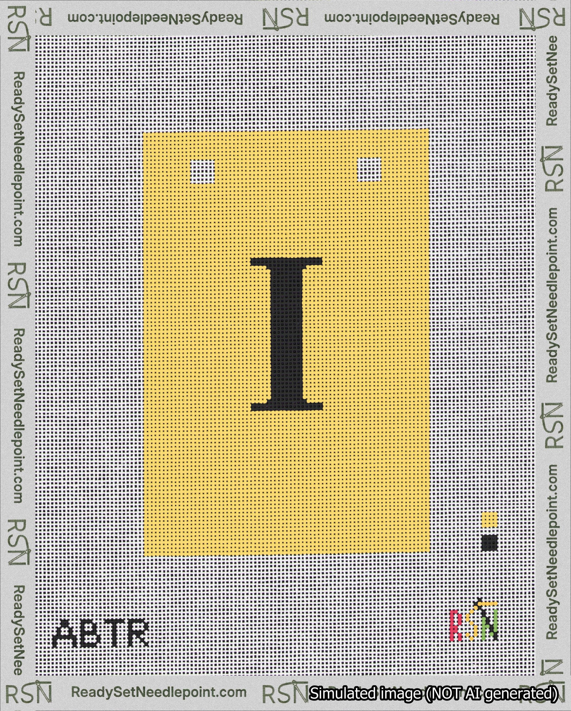 A taped needlepoint canvas with the design: Banner 18 mesh count Squared I Black on Yellow.