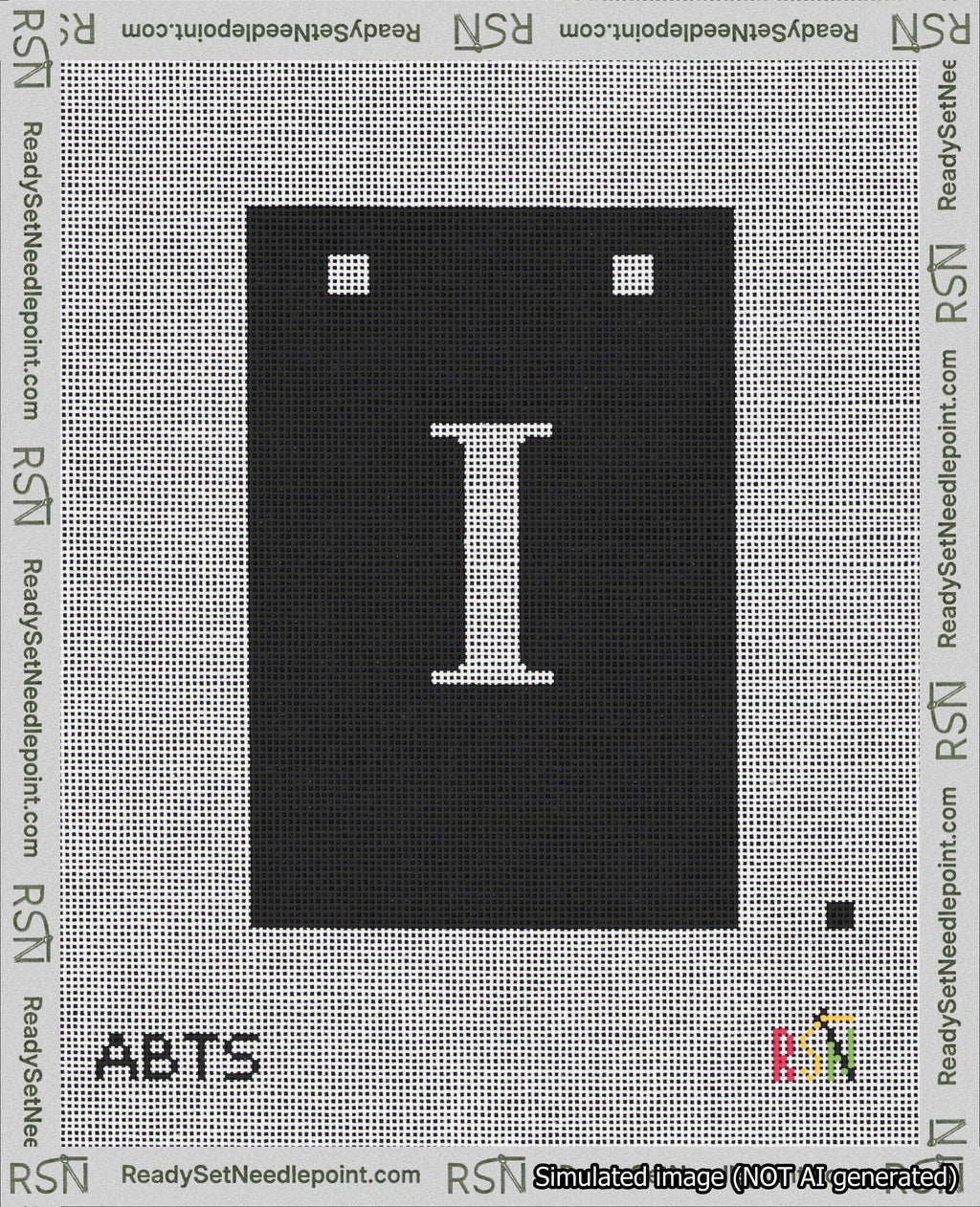 A taped needlepoint canvas with the design: Banner 18 mesh count Squared I White on Black.