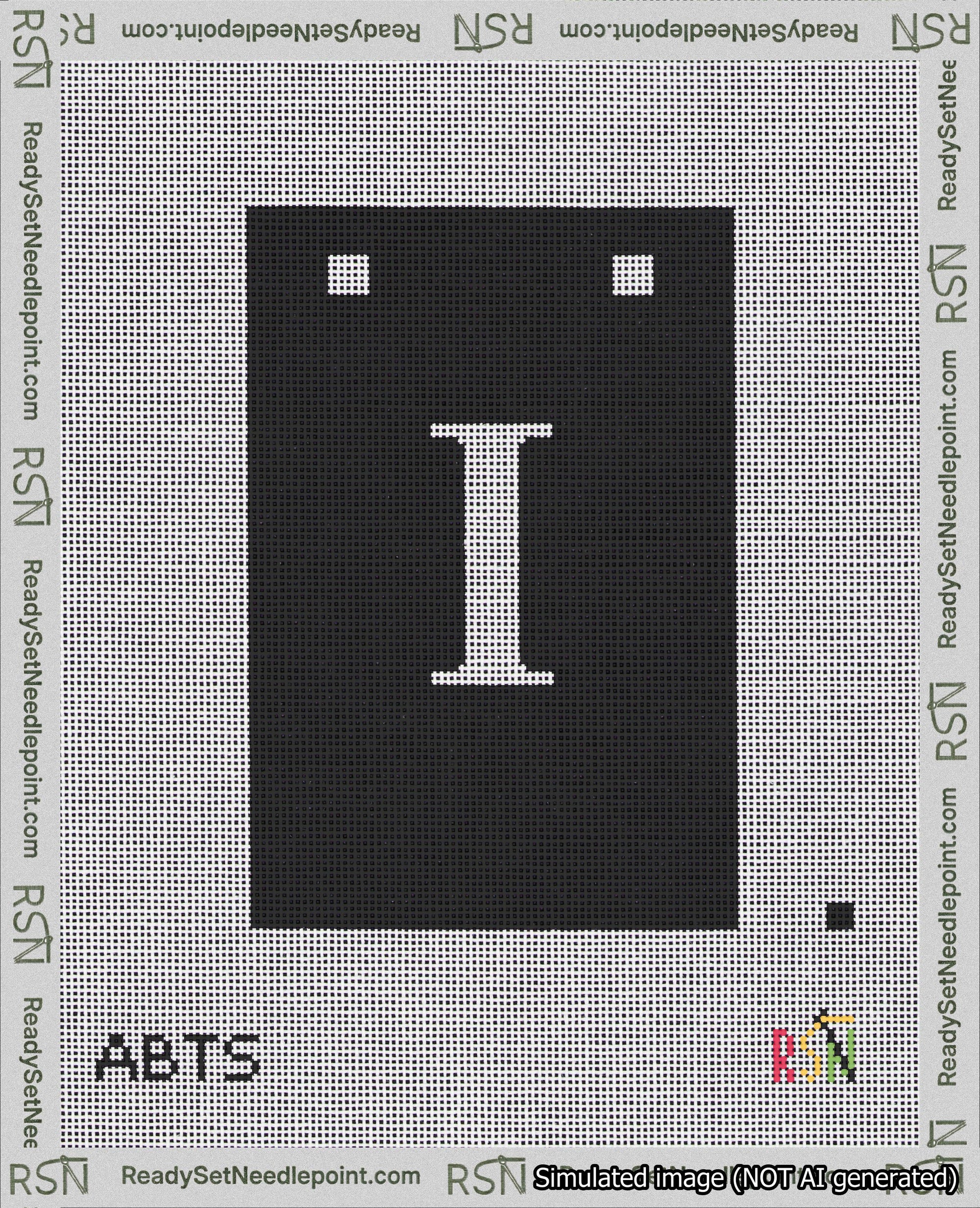 A taped needlepoint canvas with the design: Banner 18 mesh count Squared I White on Black.