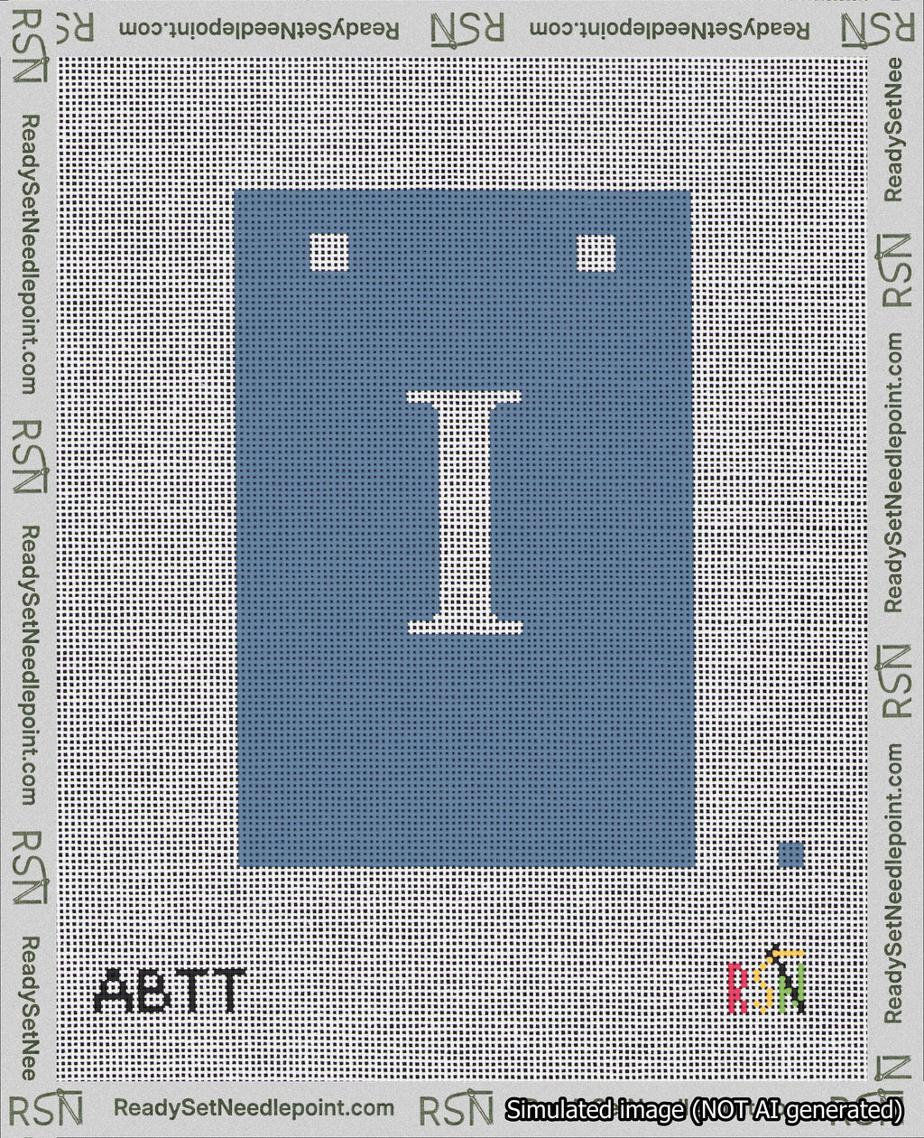 A taped needlepoint canvas with the design: Banner 18 mesh count Squared I White on Blue.