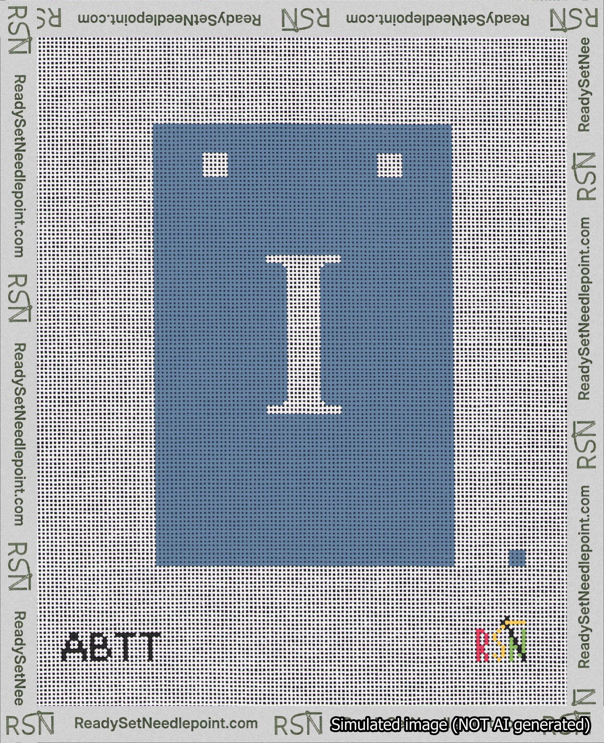 A taped needlepoint canvas with the design: Banner 18 mesh count Squared I White on Blue.