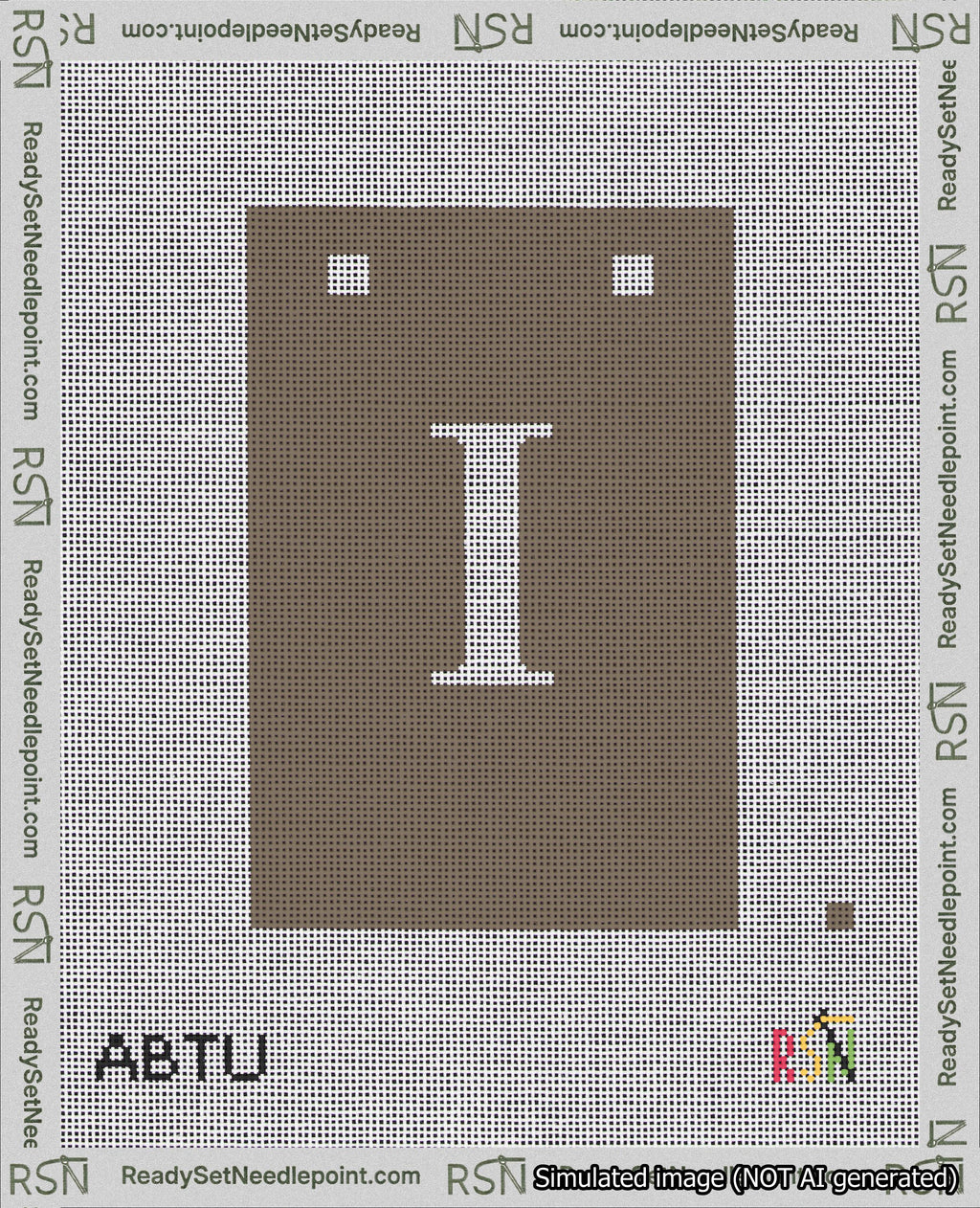 A taped needlepoint canvas with the design: Banner 18 mesh count Squared I White on Brown.