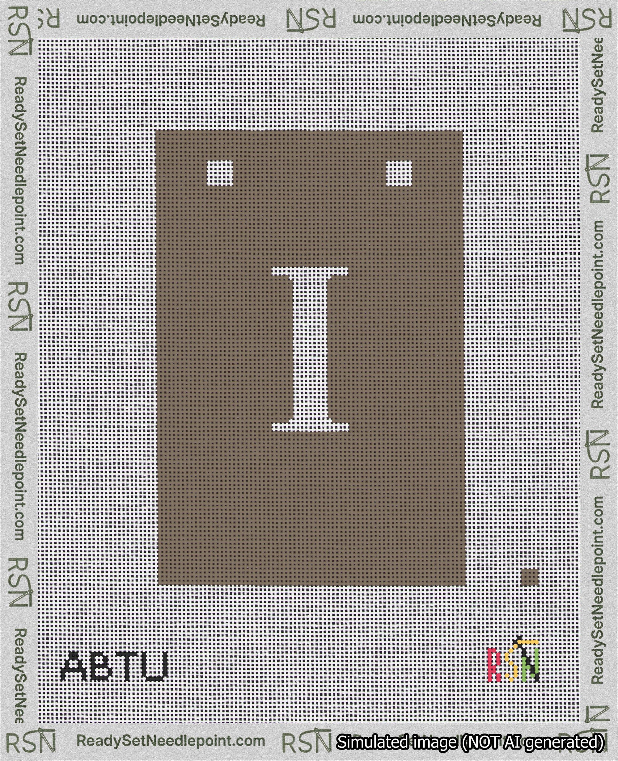 A taped needlepoint canvas with the design: Banner 18 mesh count Squared I White on Brown.
