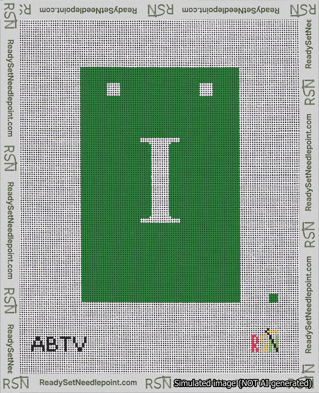 A taped needlepoint canvas with the design: Banner 18 mesh count Squared I White on Green.