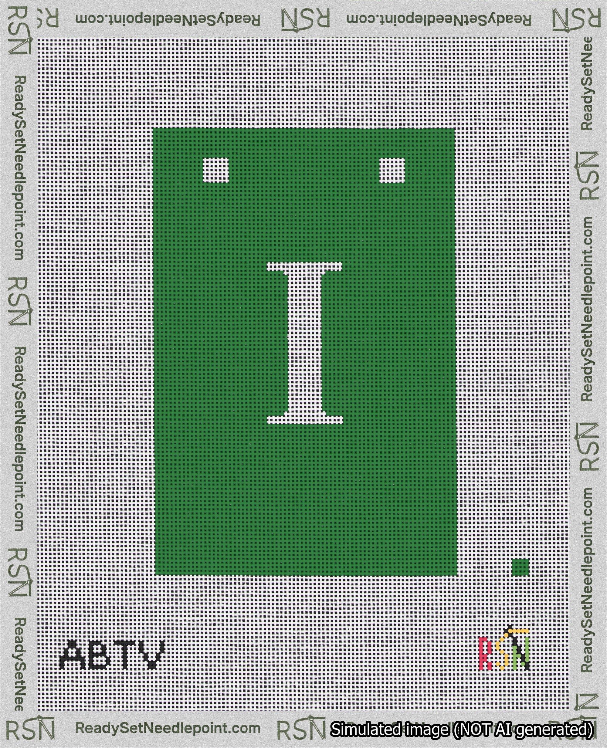 A taped needlepoint canvas with the design: Banner 18 mesh count Squared I White on Green.
