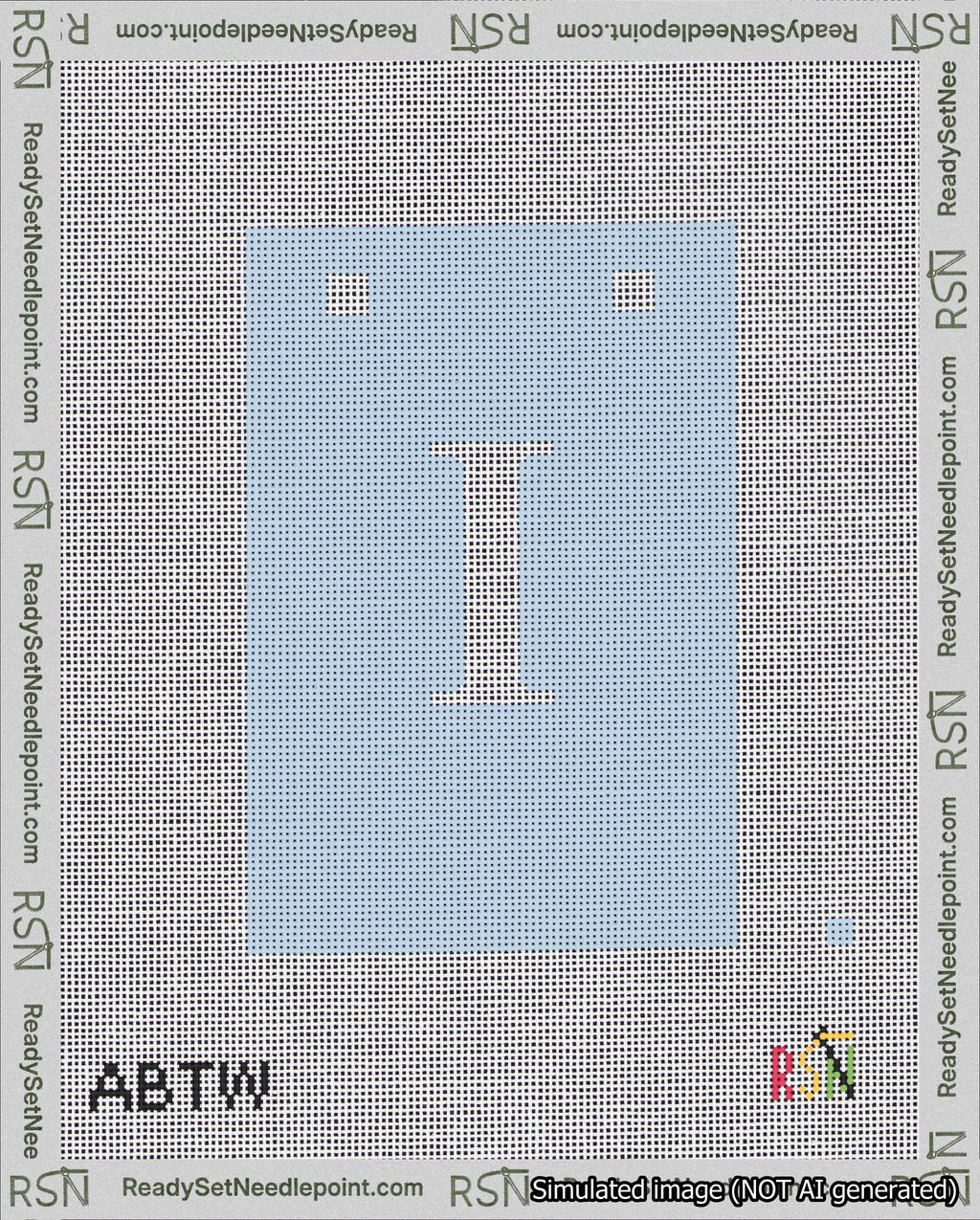 A taped needlepoint canvas with the design: Banner 18 mesh count Squared I White on Light Blue.