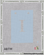 A taped needlepoint canvas with the design: Banner 18 mesh count Squared I White on Light Blue.