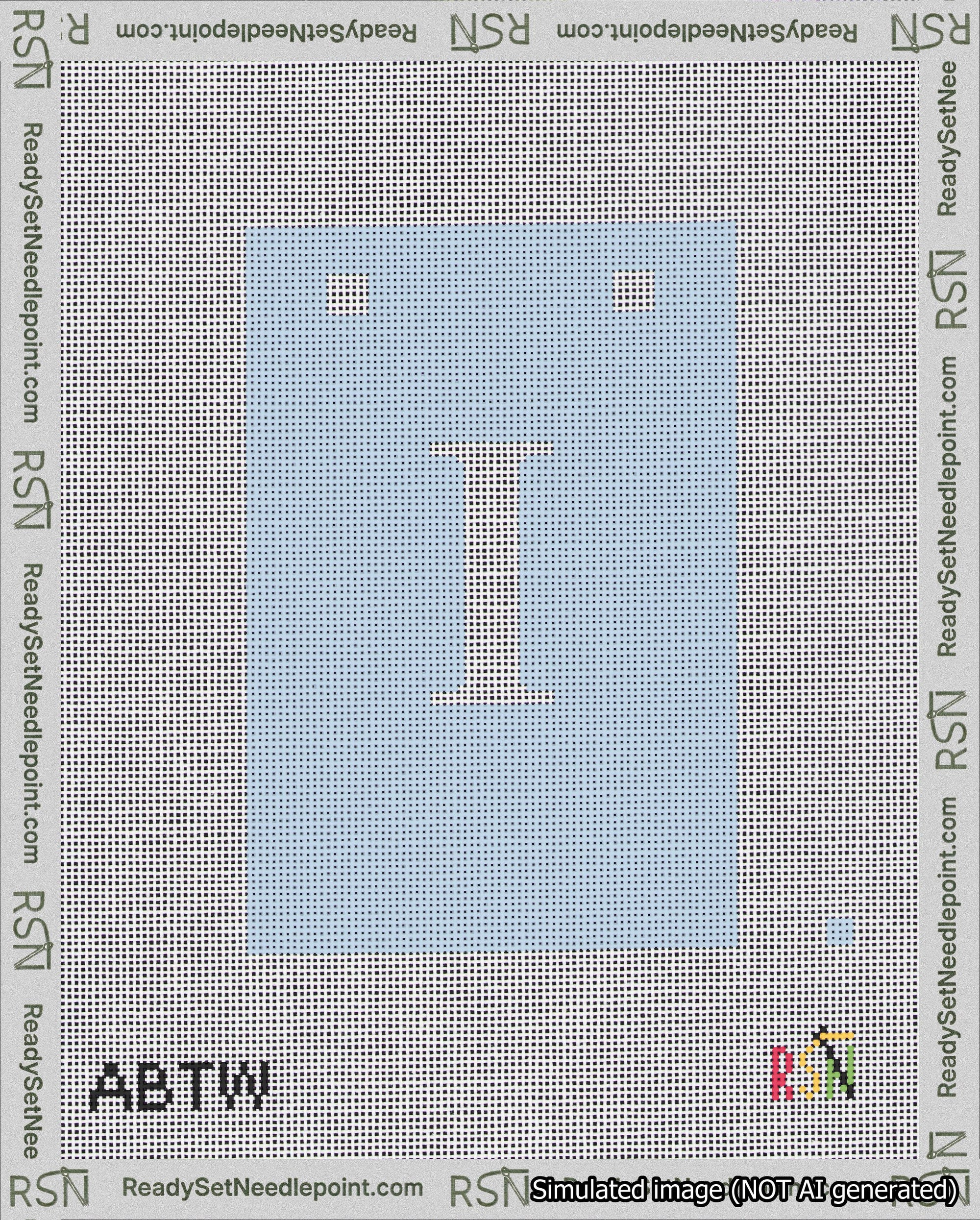 A taped needlepoint canvas with the design: Banner 18 mesh count Squared I White on Light Blue.