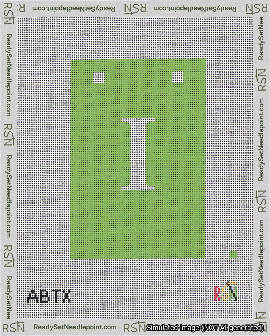 A taped needlepoint canvas with the design: Banner 18 mesh count Squared I White on Light Green.