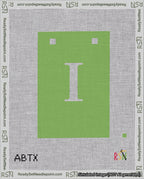A taped needlepoint canvas with the design: Banner 18 mesh count Squared I White on Light Green.