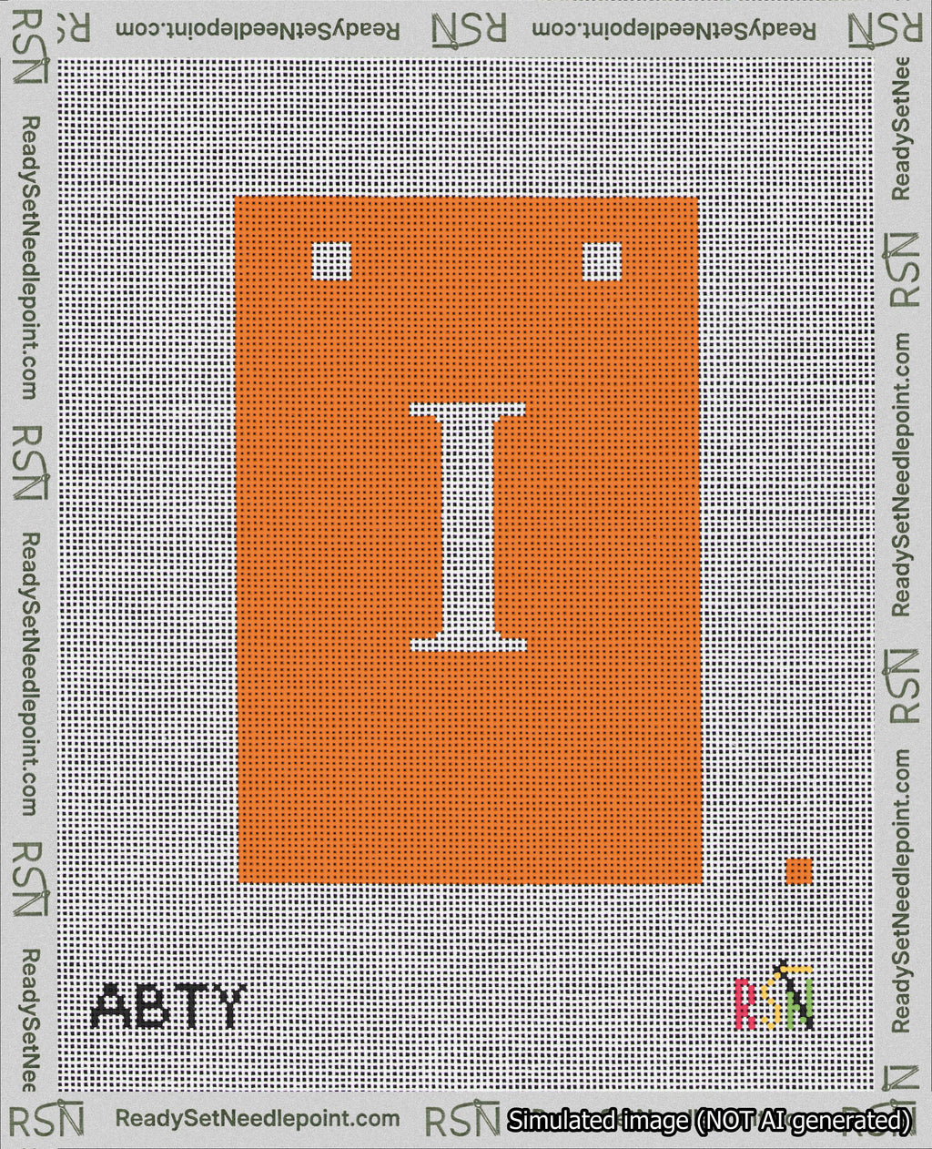 A taped needlepoint canvas with the design: Banner 18 mesh count Squared I White on Orange.