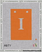 A taped needlepoint canvas with the design: Banner 18 mesh count Squared I White on Orange.