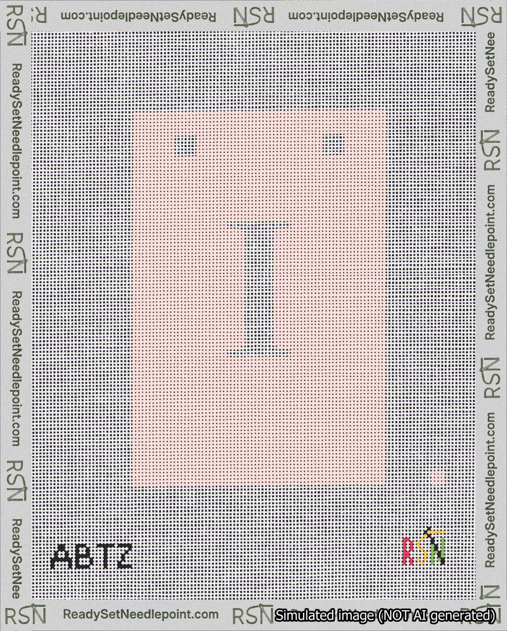 A taped needlepoint canvas with the design: Banner 18 mesh count Squared I White on Pink.