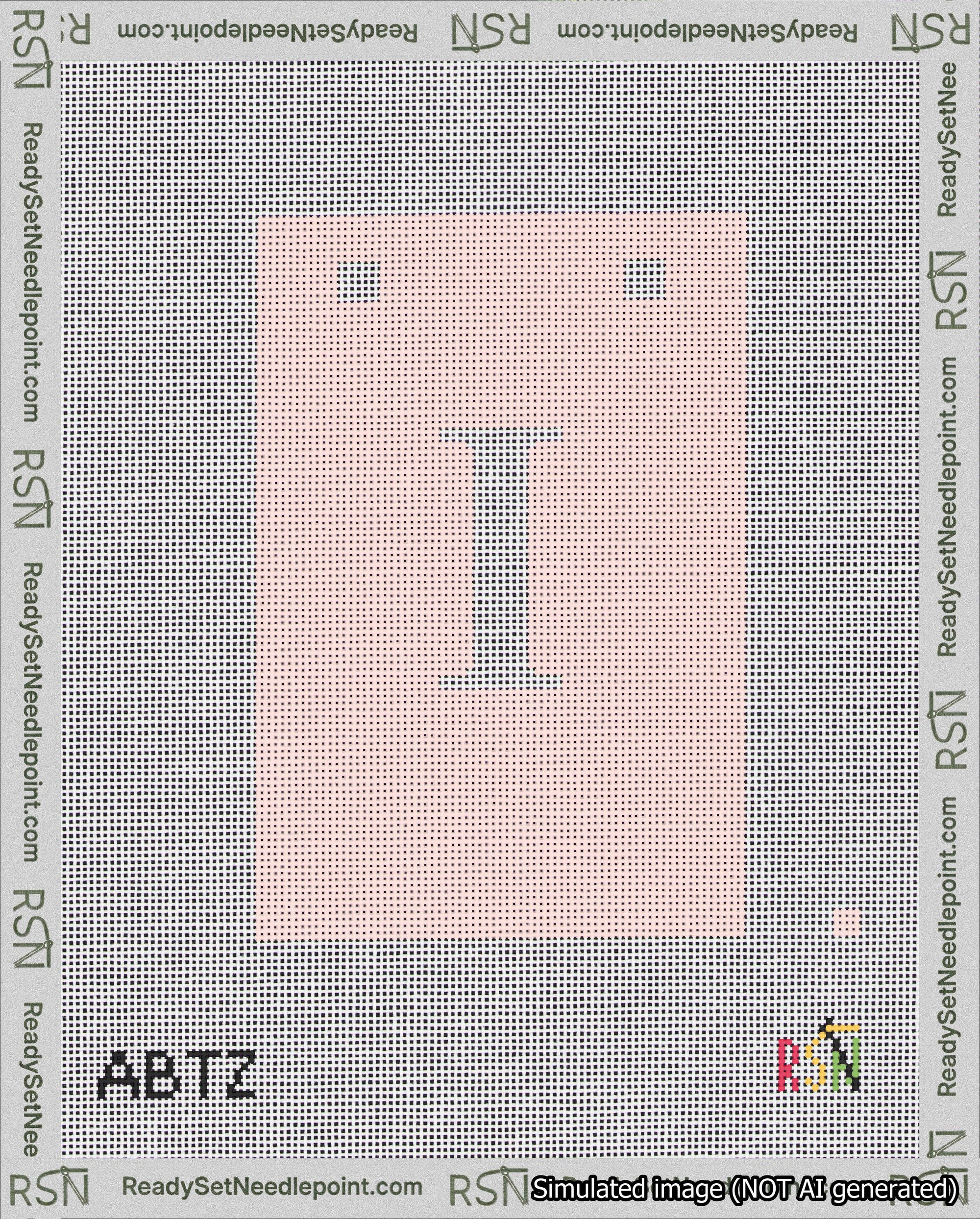 A taped needlepoint canvas with the design: Banner 18 mesh count Squared I White on Pink.