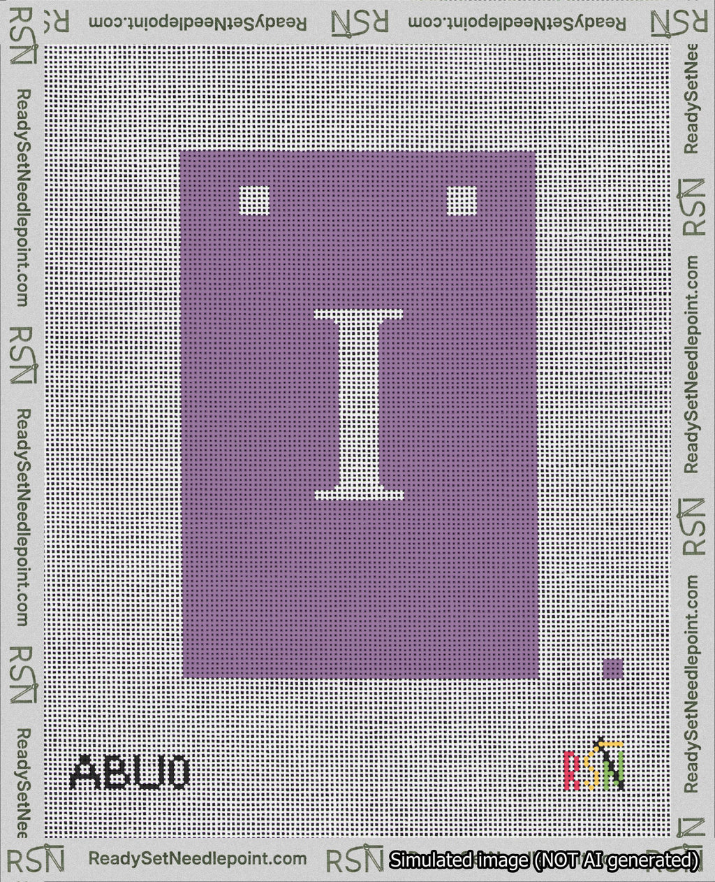 A taped needlepoint canvas with the design: Banner 18 mesh count Squared I White on Purple.