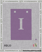 A taped needlepoint canvas with the design: Banner 18 mesh count Squared I White on Purple.