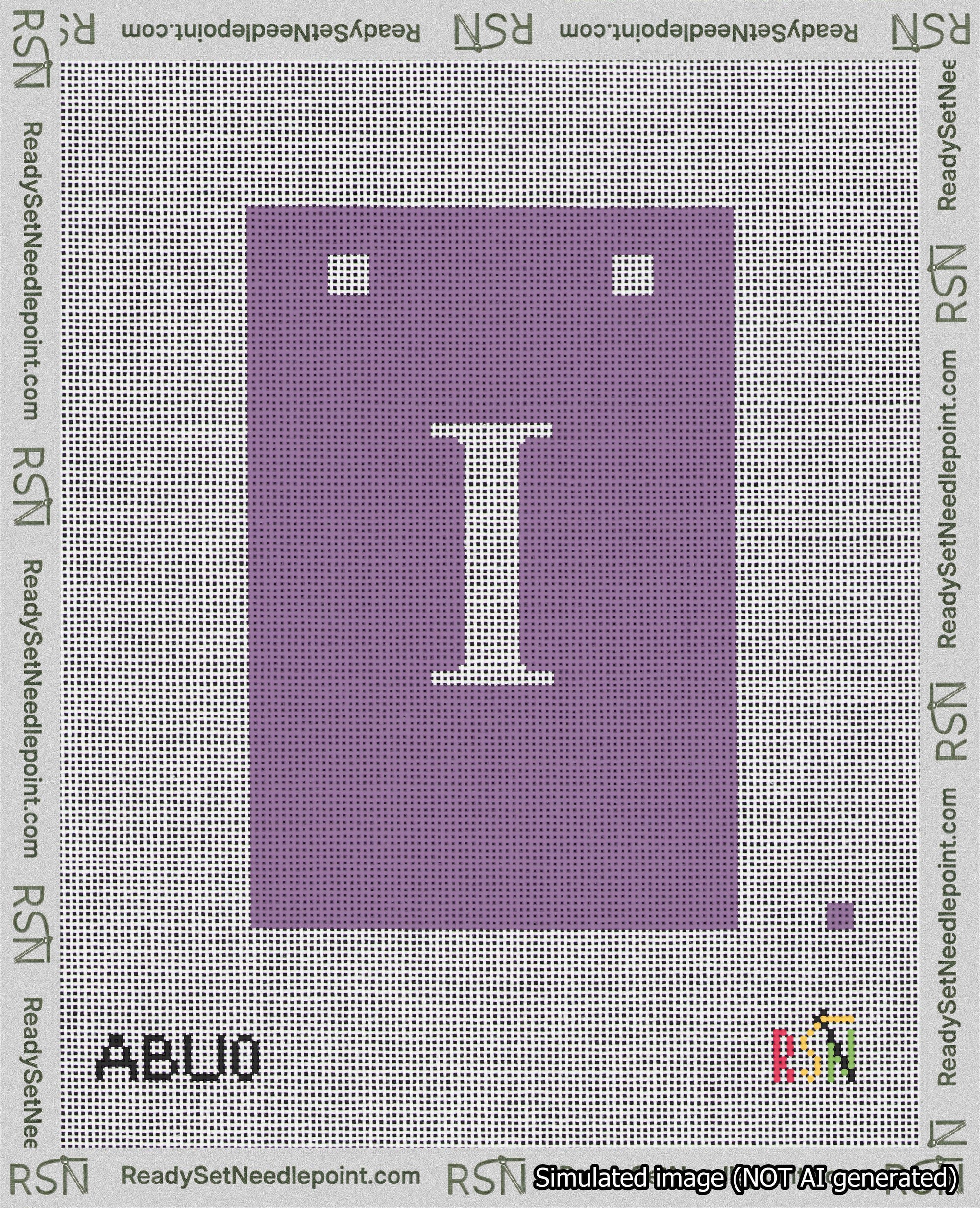 A taped needlepoint canvas with the design: Banner 18 mesh count Squared I White on Purple.