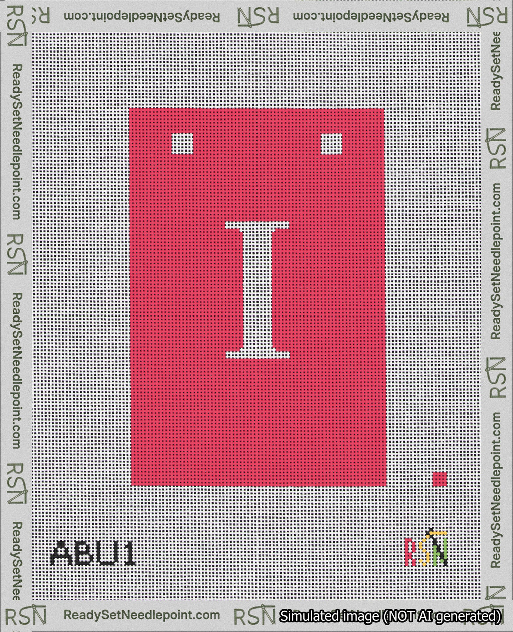 A taped needlepoint canvas with the design: Banner 18 mesh count Squared I White on Red.
