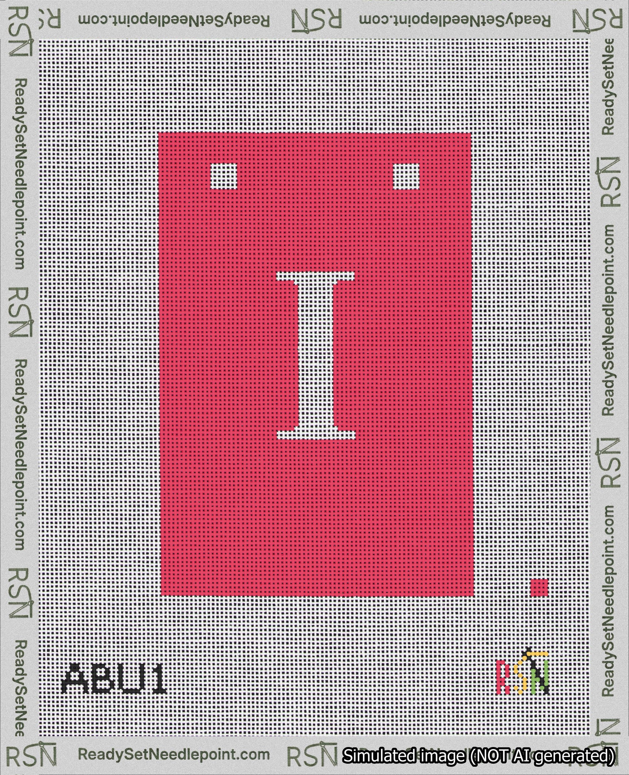 A taped needlepoint canvas with the design: Banner 18 mesh count Squared I White on Red.
